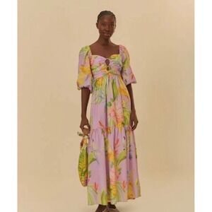 Farm Rio Oasis Tropical  Lilac Purple Parrot Floral Maxi Dress Women's Small